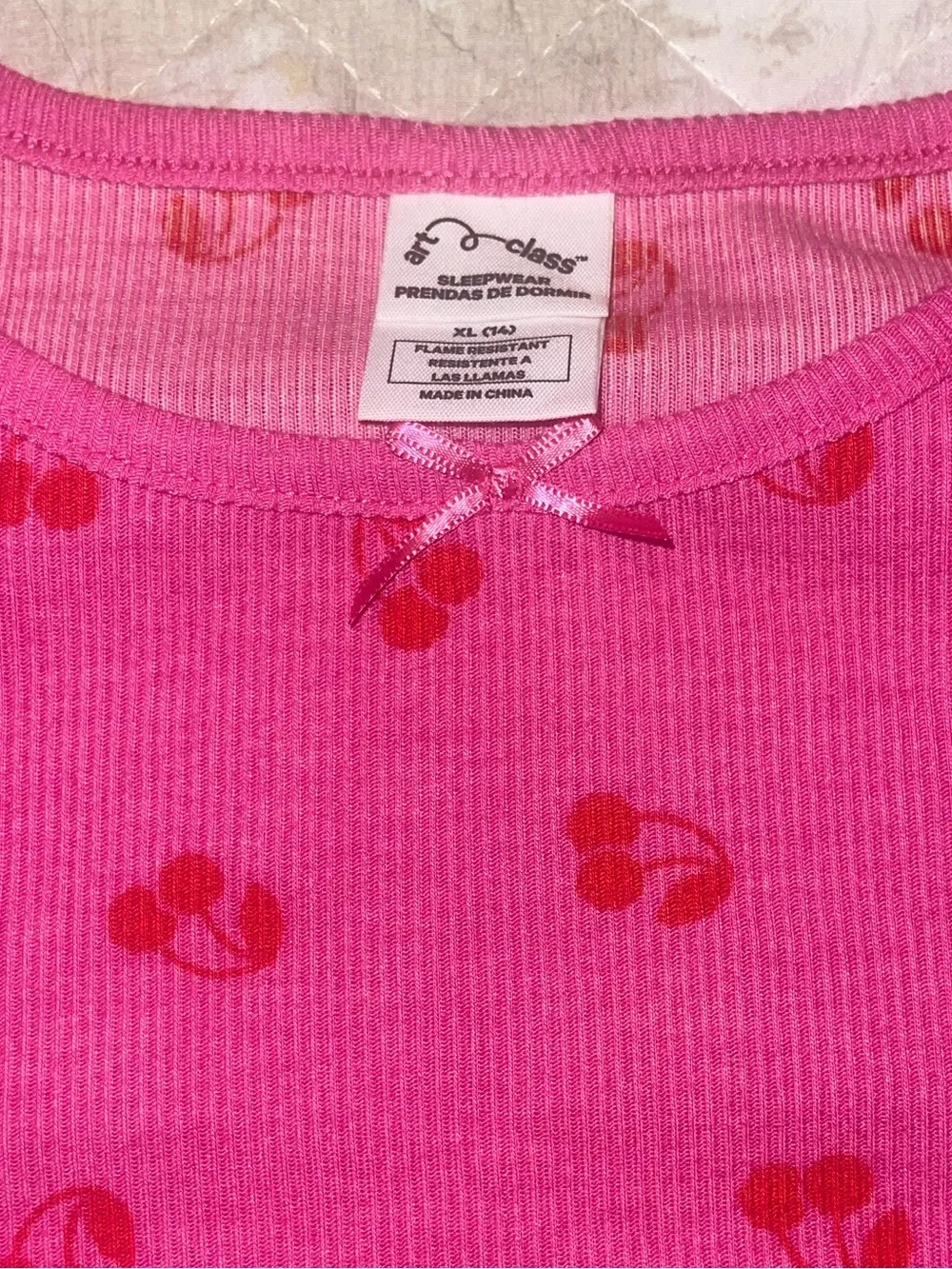 art class Pink Ribbed Cherry Print Pajama Set
